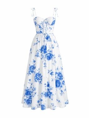 NWT Blue Floral Tie-Shoulder Maxi Dress White & Blue